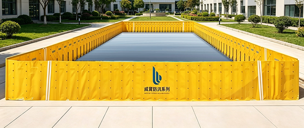 Yellow fence-style flood barrier for quick flood protection