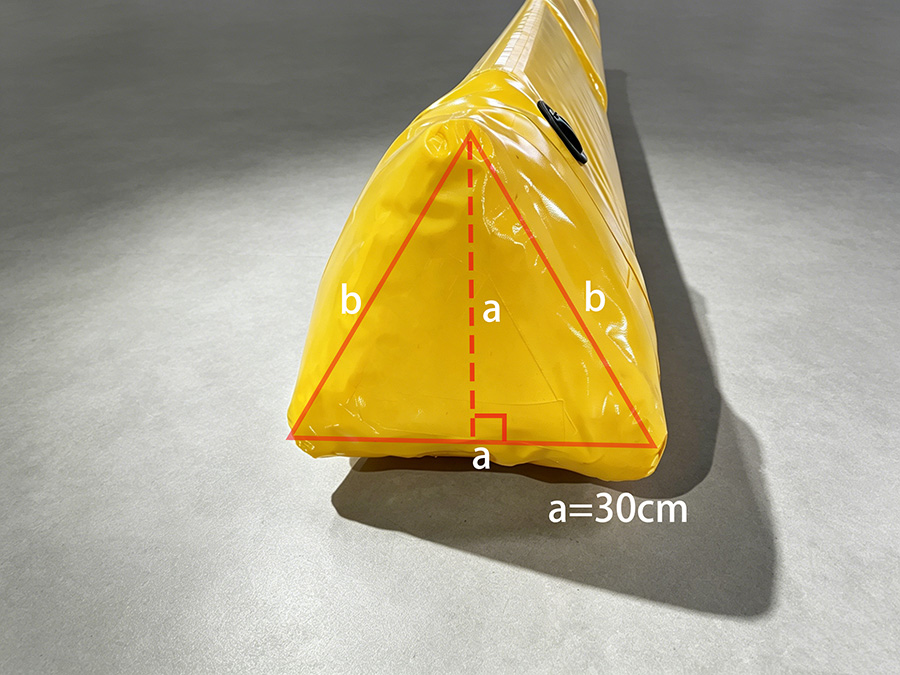 Cross-section size diagram of yellow PVC triangular water filled flood barrier