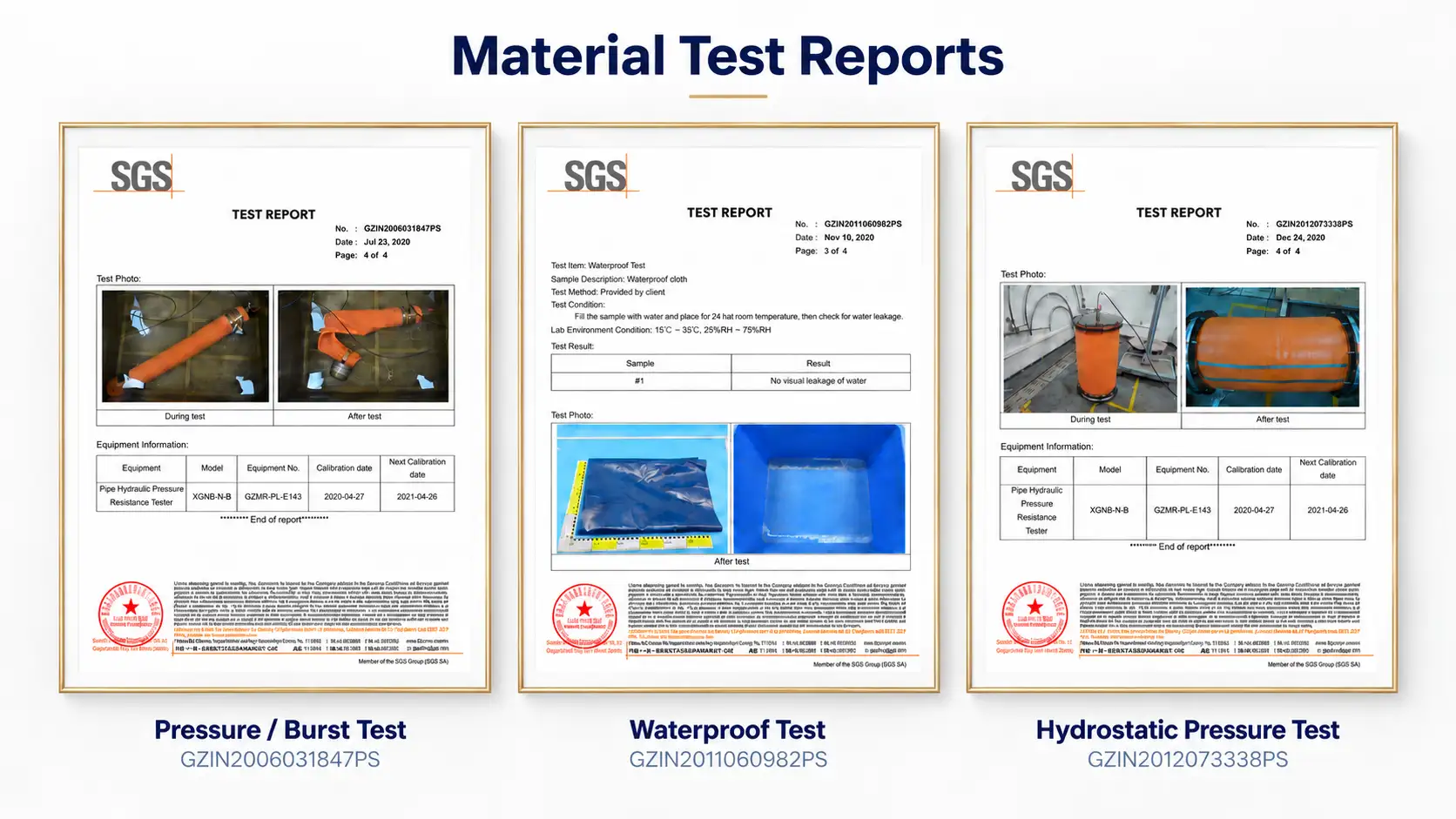 SGS material reports for burst, waterproof and pressure tests