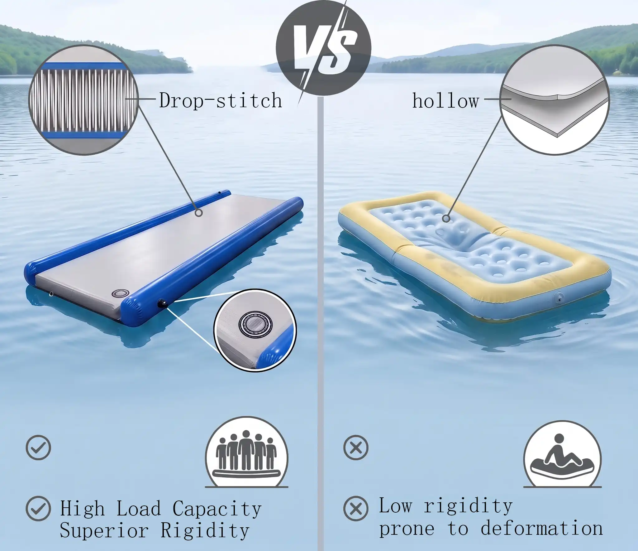 Comparison chart of drop‑stitch platform vs common hollow inflatable mat