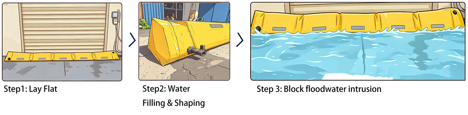 Cartoon diagram showing laying, filling and flood blocking steps of flood barrier