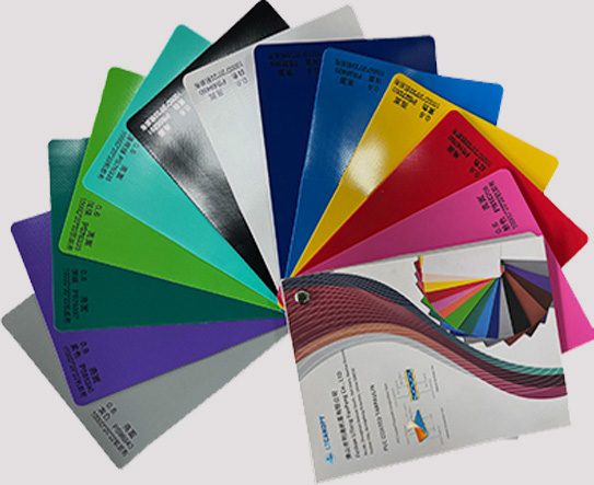 Various color swatches of waterproof PVC fabric for flood barrier customization