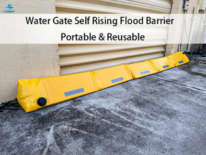 Yellow triangular water filled flood barrier installed at residential garage entrance